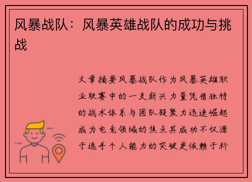 风暴战队：风暴英雄战队的成功与挑战